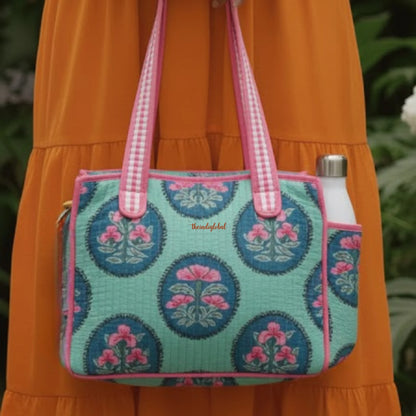 Mini Tote Bag with Zip & Bottle Holder Teal Bloom