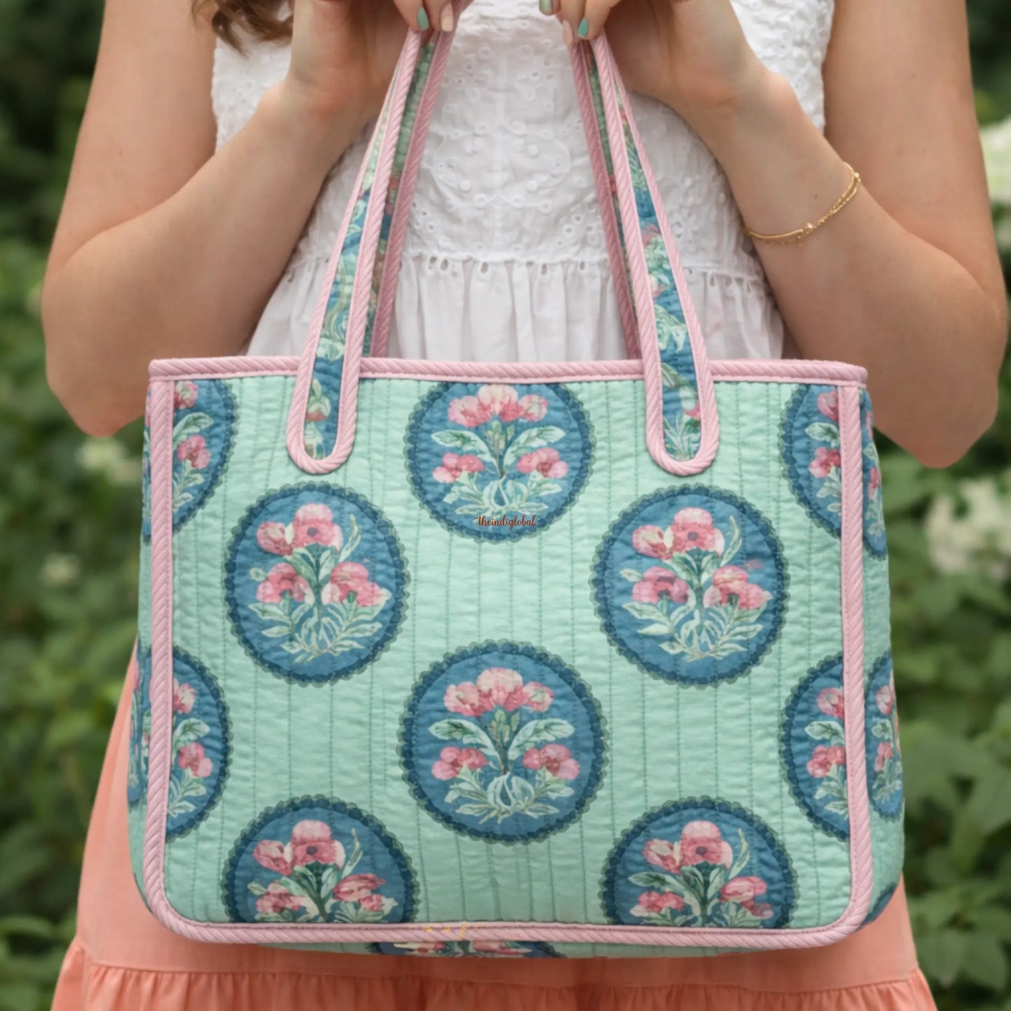 Mini Tote Bag with Zip Bottle Holder Teal Bloom 1