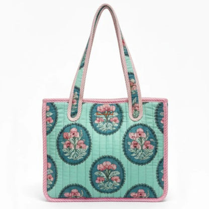 Mini Tote Bag with Zip & Bottle Holder Teal Bloom