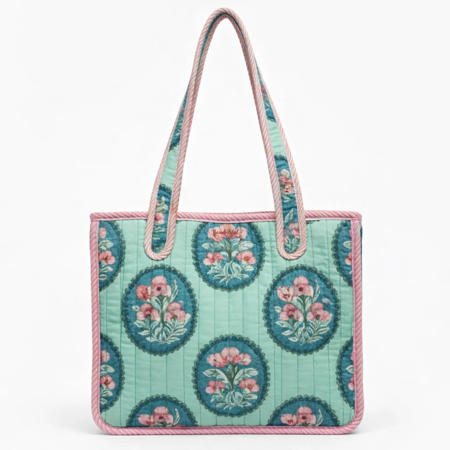 Mini Tote Bag with Zip Bottle Holder Teal Bloom 2