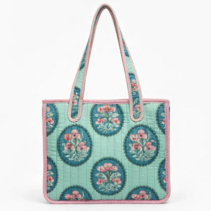 Mini Tote Bag with Zip Bottle Holder Teal Bloom 2