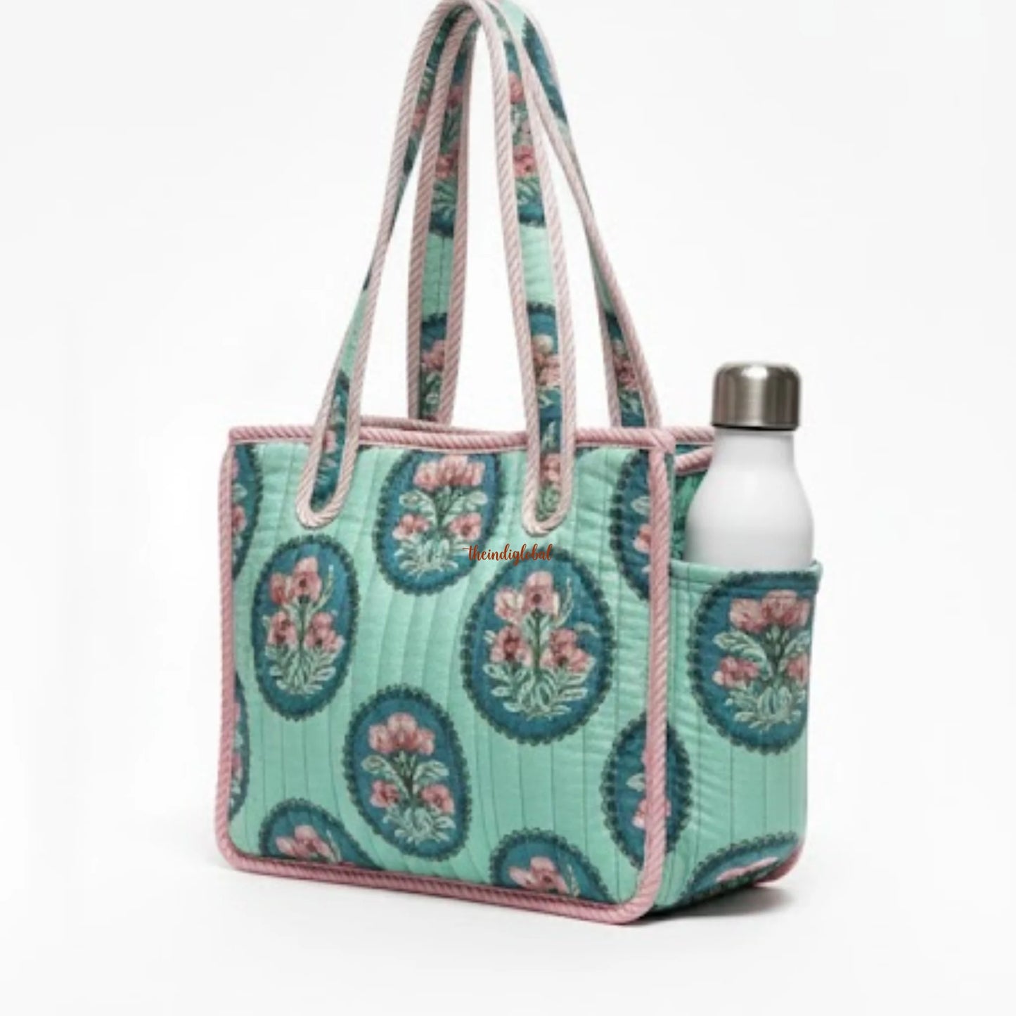 Mini Tote Bag with Zip & Bottle Holder Teal Bloom