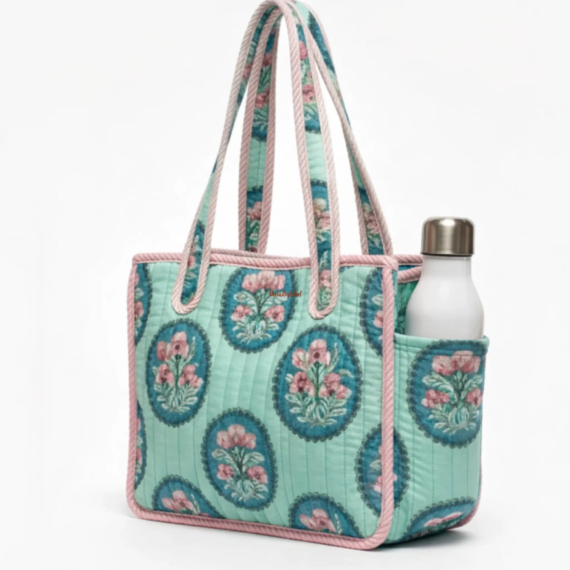 Mini Tote Bag with Zip Bottle Holder Teal Bloom 3