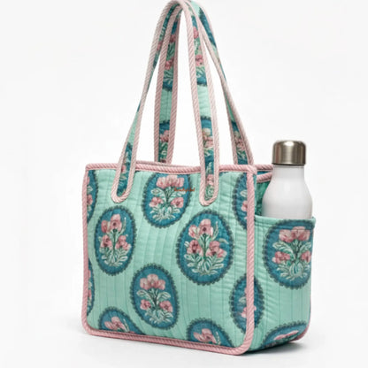 Mini Tote Bag with Zip Bottle Holder Teal Bloom 3