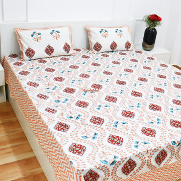 Mughal Garden Cotton Bedsheet with 2 Pillow Covers King size Peach