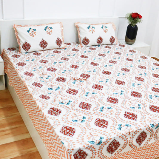 Mughal Garden Cotton Bedsheet with 2 Pillow Covers King size Peach