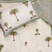 Noor Reversible HandBlock Printed Quilted Cotton Bedcover with Two Pillow Covers Green 