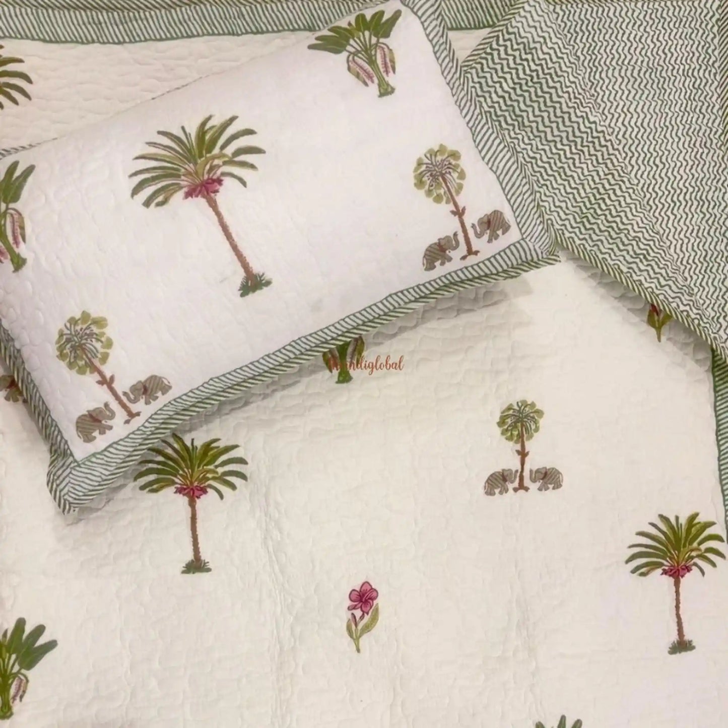 Noor Reversible HandBlock Printed Quilted Cotton Bedcover with Two Pillow Covers Green 