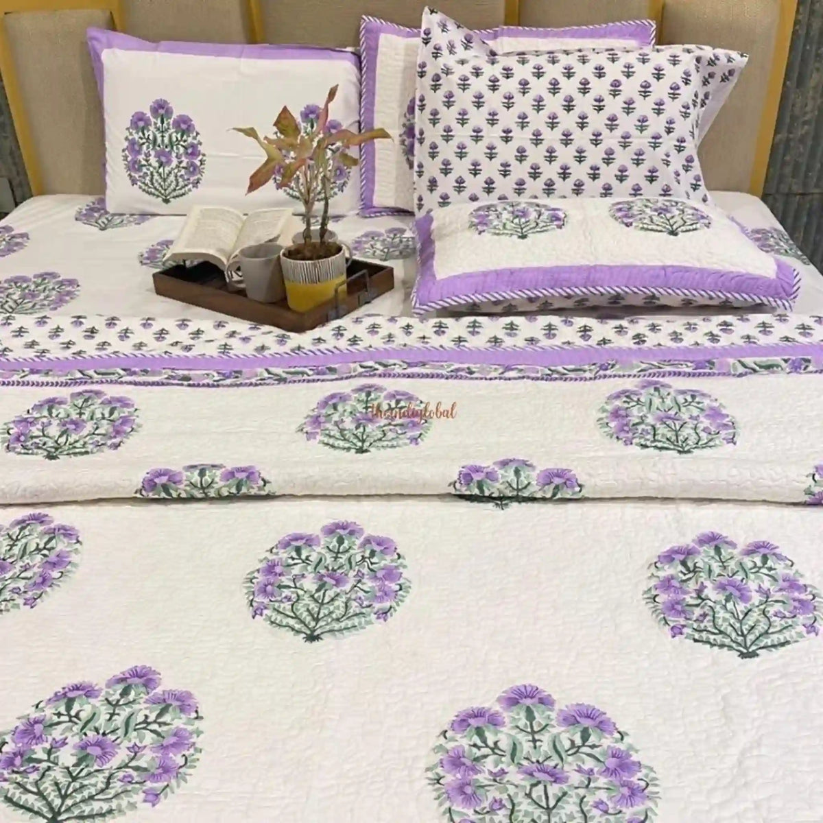 Noor Reversible HandBlock Printed Quilted Cotton Bedcover with Two Pillow Covers Lavender 
