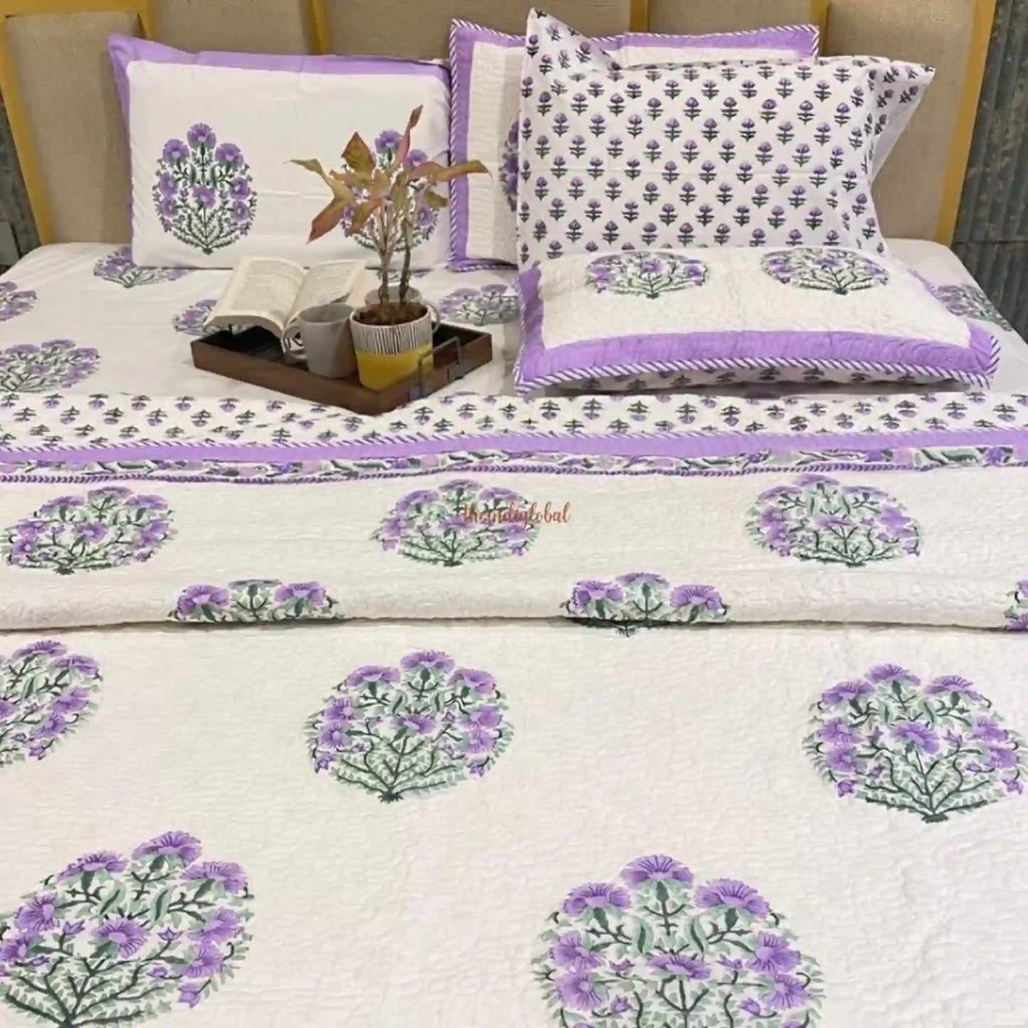 Noor Reversible HandBlock Printed Quilted Cotton Bedcover with Two Pillow Covers Lavender 