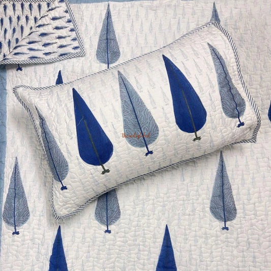 Noor Reversible Hand Block Printed Quilted Cotton Bedcover with Two Pillow Covers Blue