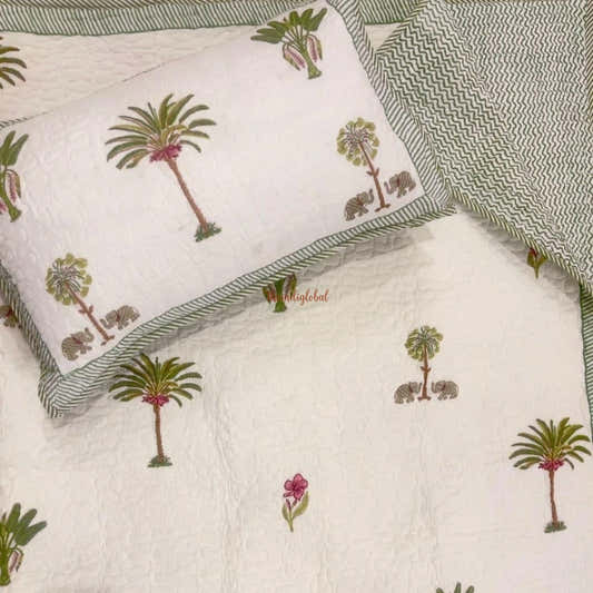 Noor Reversible Hand Block Printed Quilted Cotton Bedcover with Two Pillow Covers Green
