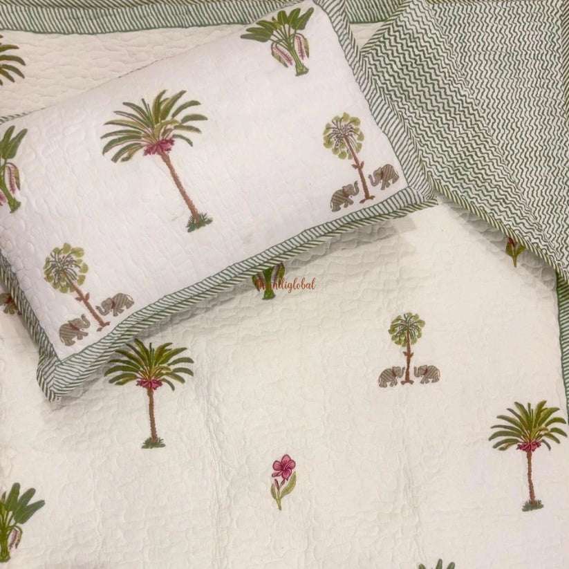 Noor Reversible HandBlock Printed Quilted Cotton Bedcover with Two Pillow Covers Green