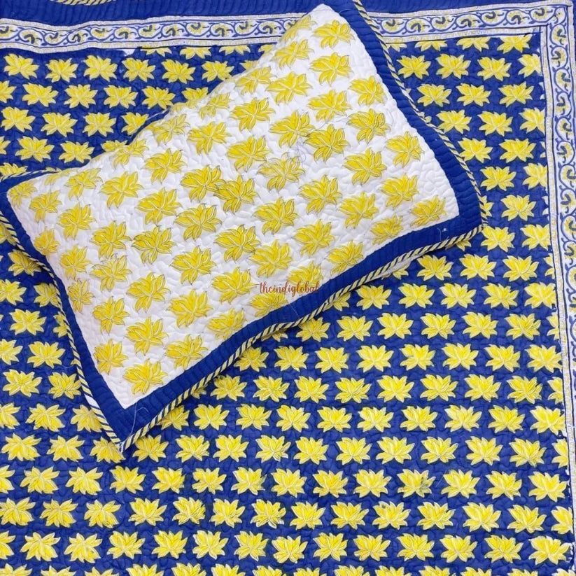 Noor Reversible HandBlock Printed Quilted Cotton Bedcover with Two Pillow Covers lemon blue