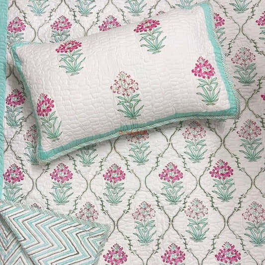 Noor Reversible Hand Block Printed Quilted Cotton Bedcover with Two Pillow Covers Mint