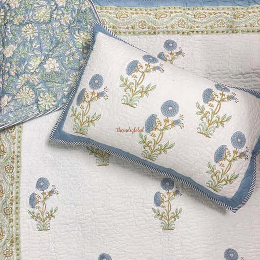 Noor Reversible Hand Block Printed Quilted Cotton Bedcover with Two Pillow Covers Sky Blue