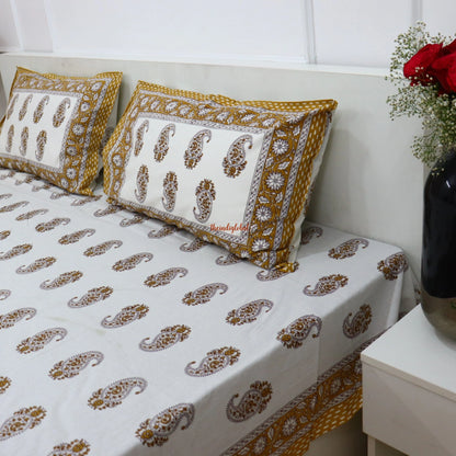 Paisley Cotton Bedsheet with 2 Pillow Covers King size Mustard