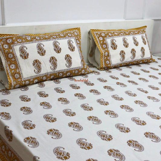 Paisley Cotton Bedsheet with 2 Pillow Covers King size Mustard