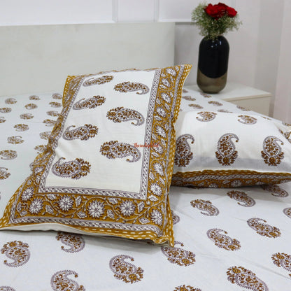 Paisley Cotton Bedsheet with 2 Pillow Covers King size Mustard