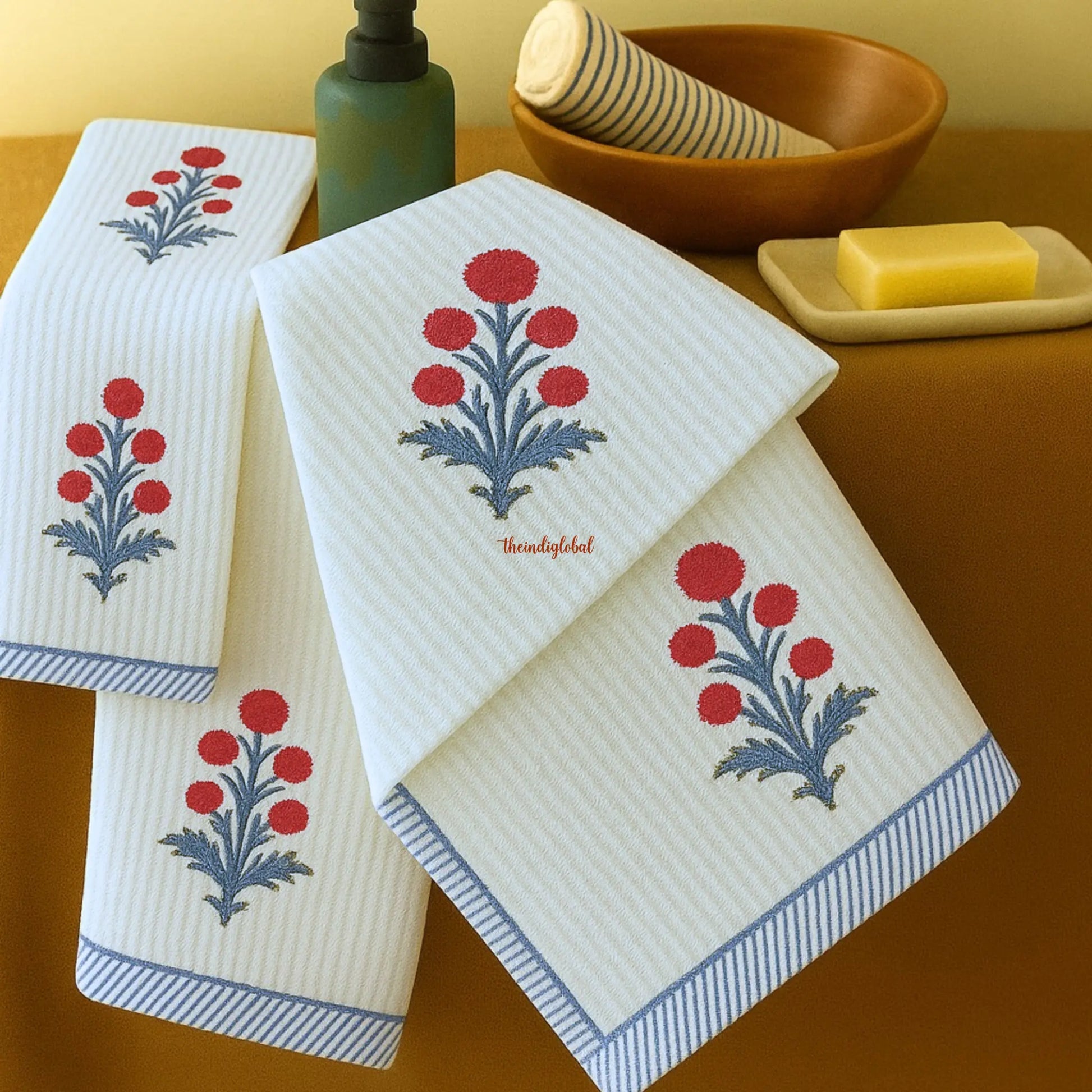 Peony Handblock Waffle Cotton Body Towel 3