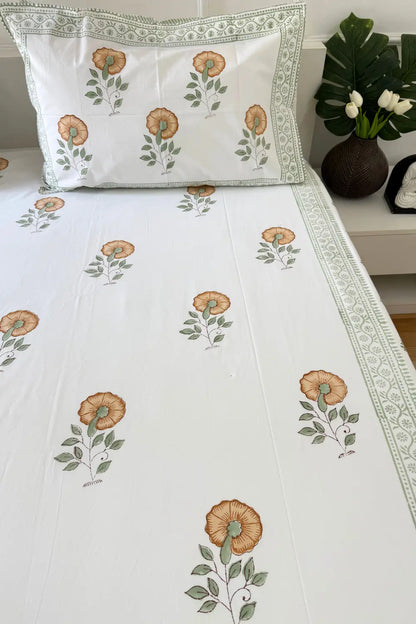Ramya Hand Block Soft Cotton Bedsheet with 2 Pillow Covers 108*108 inches
