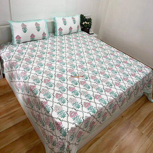 Ramya Hand Block Soft Cotton Bedsheet with 2 Pillow Covers Sky Blue