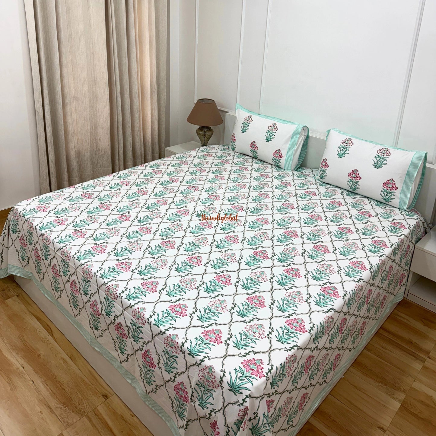 Ramya Hand Block Soft Cotton Bedsheet with 2 Pillow Covers Sky Blue