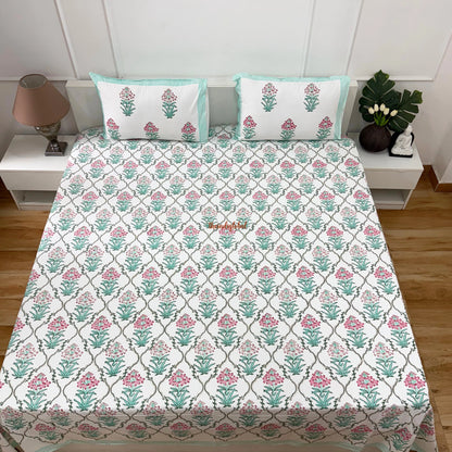 Ramya Hand Block Soft Cotton Bedsheet with 2 Pillow Covers Sky Blue