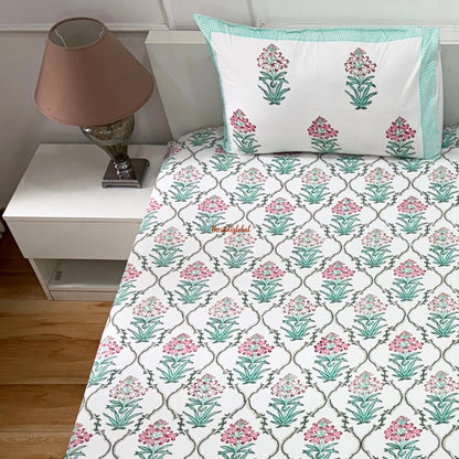 Ramya Hand Block Soft Cotton Bedsheet with 2 Pillow Covers Sky Blue