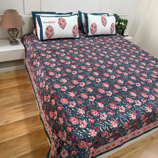 Ramya Hand Block Soft Cotton Bedsheet with 2 Pillow Covers 108*108 inches Blue
