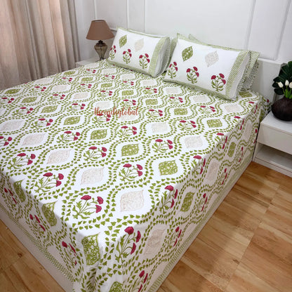 Ramya Hand Block Soft Cotton Bedsheet with 2 Pillow Covers Mughal