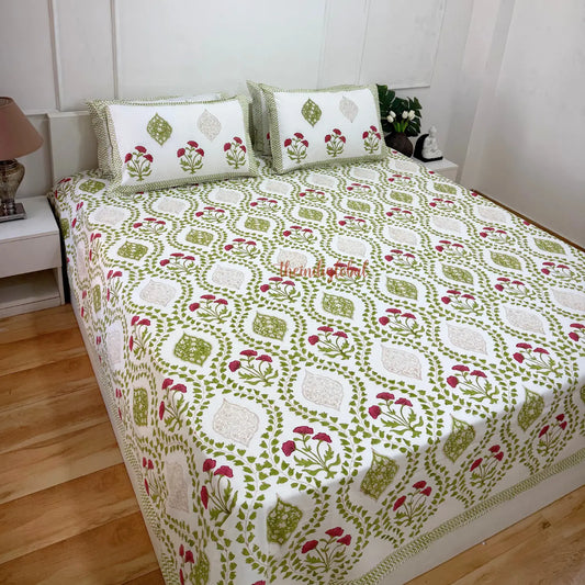 Ramya Hand Block Soft Cotton Bedsheet with 2 Pillow Covers 108*108 inches Mughal