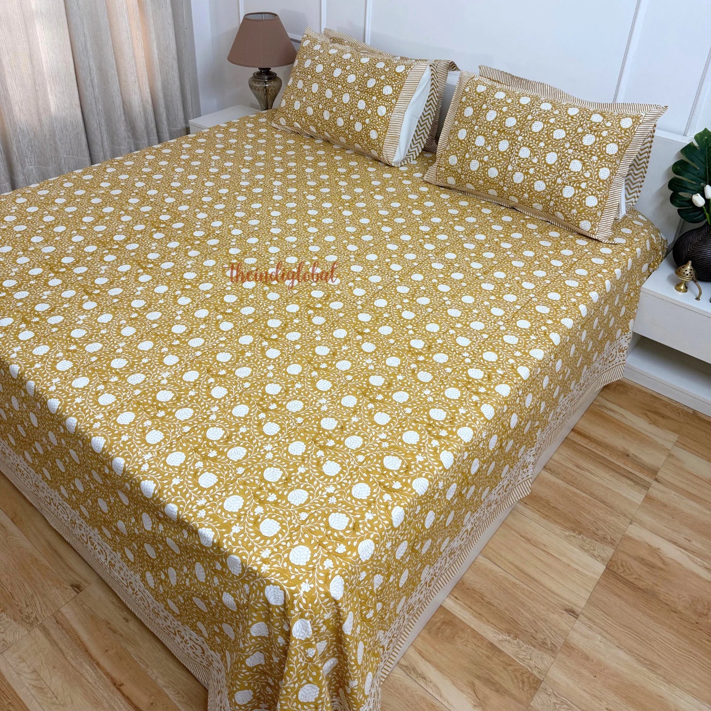 Ramya Hand Block Soft Cotton Bedsheet with 2 Pillow Covers Brown