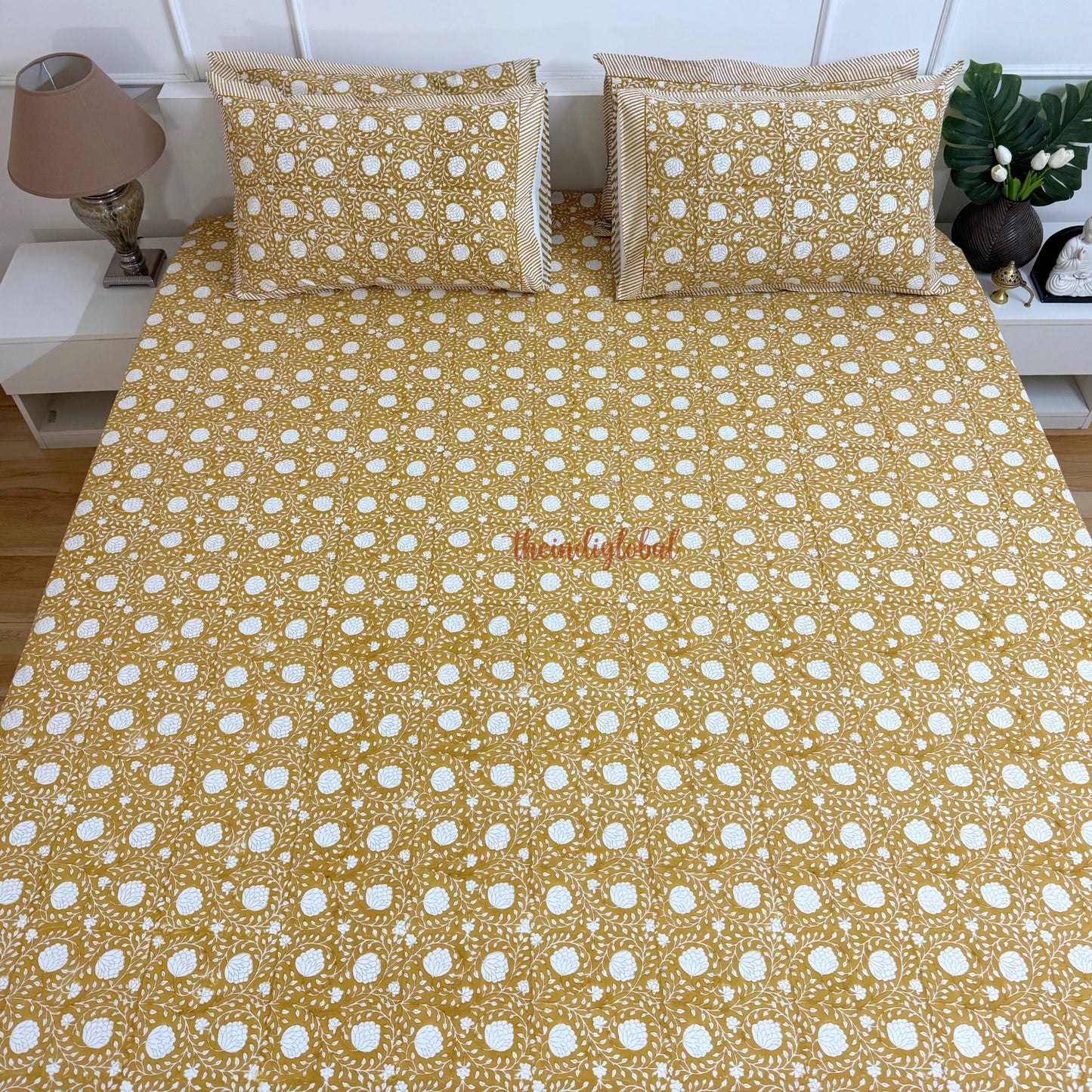 Ramya Hand Block Soft Cotton Bedsheet with 2 Pillow Covers Brown