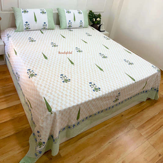 Ramya Hand Block Soft Cotton Bedsheet with 2 Pillow Covers 108*108 inches Pankhudi