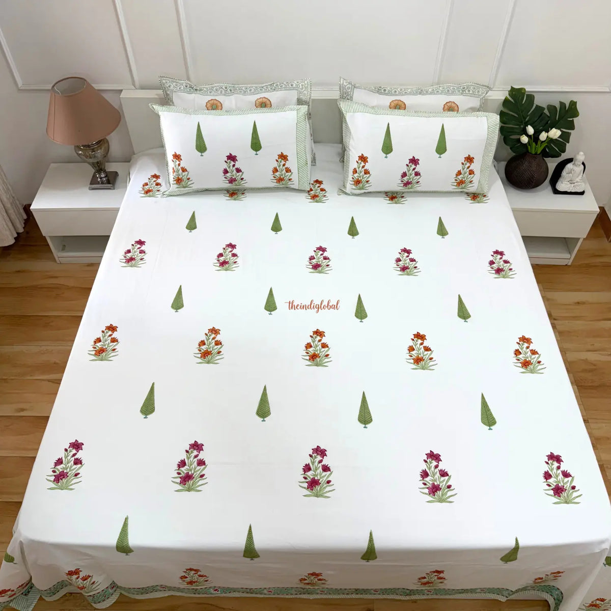 Ramya HandBlock Soft Cotton Bedsheet with 2 Pillow Covers 108 108 inches Terracotta 1