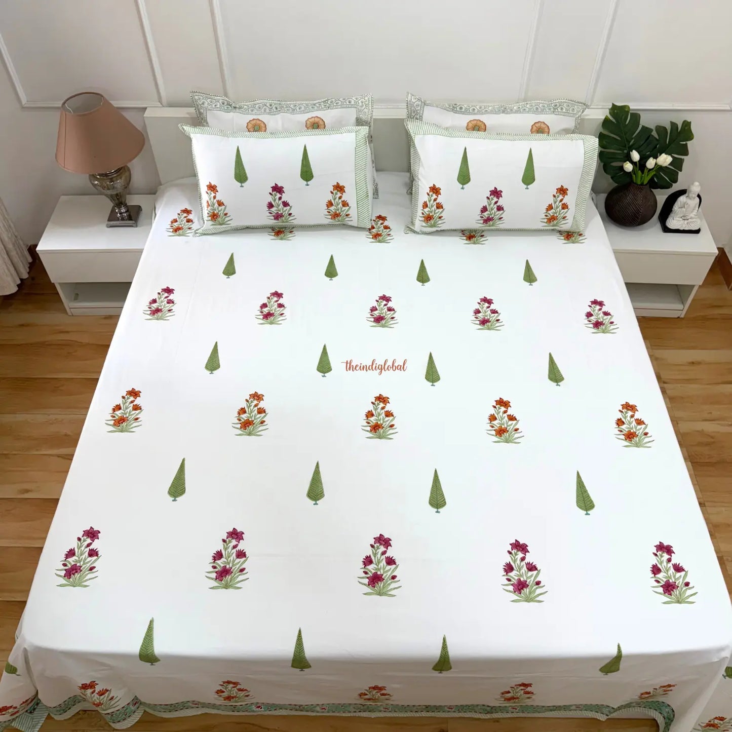 Ramya Hand Block Soft Cotton Bedsheet with 2 Pillow Covers 108*108 inches Terracotta