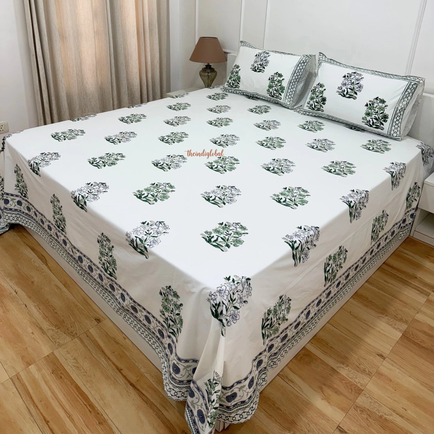 Ramya Hand Block Soft Cotton Bedsheet with 2 Pillow Covers 108*108 inches Vega