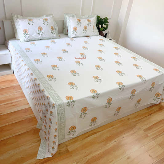 Ramya Hand Block Soft Cotton Bedsheet with 2 Pillow Covers 108*108 inches flower