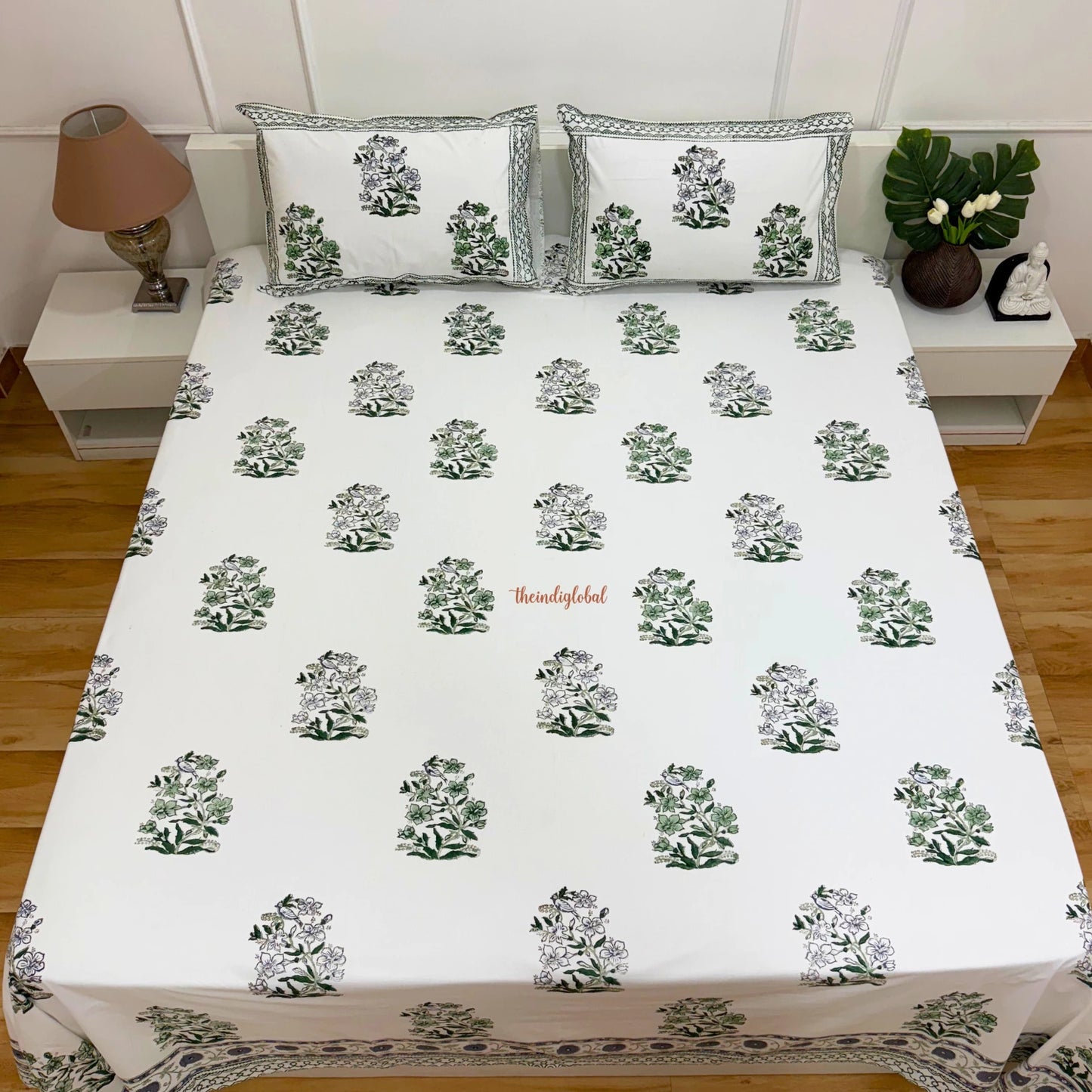 Ramya Hand Block Soft Cotton Bedsheet with 2 Pillow Covers 108*108 inches Vega