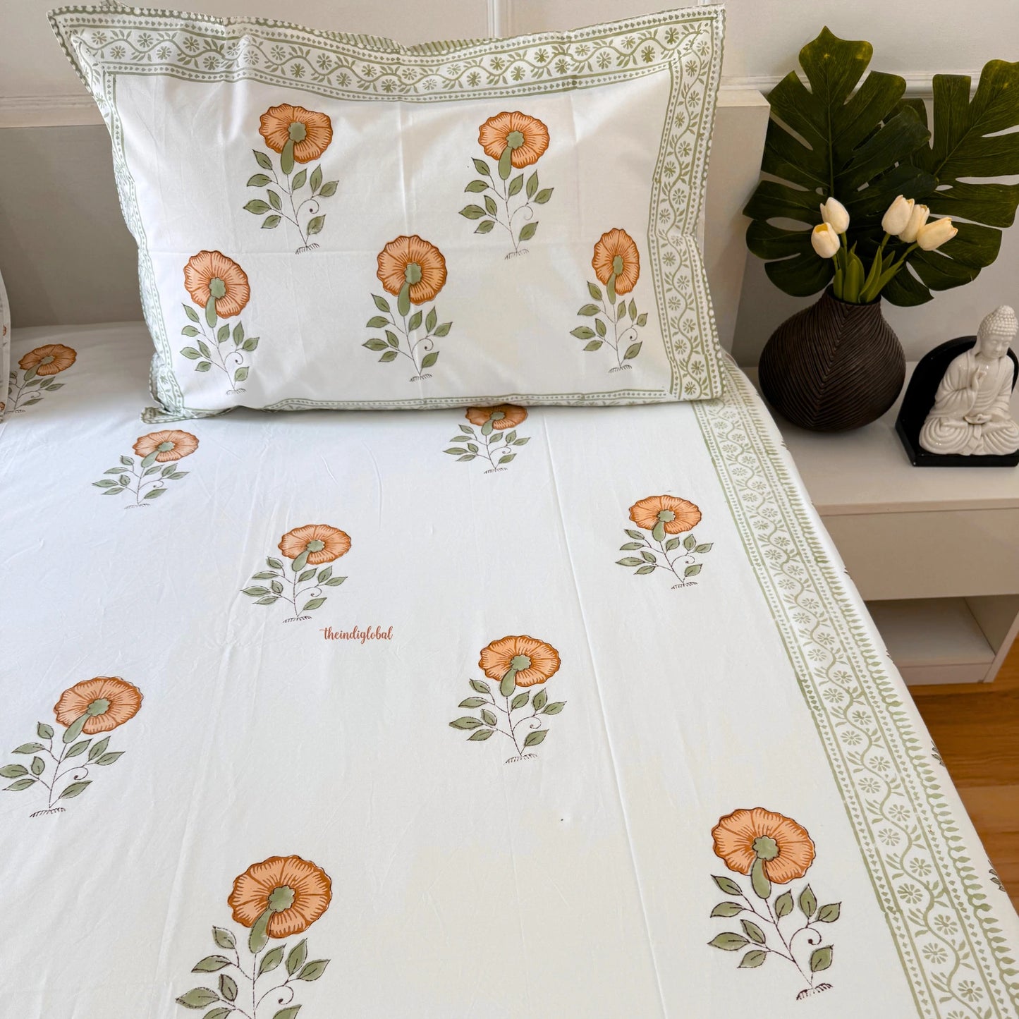 Ramya Hand Block Soft Cotton Bedsheet with 2 Pillow Covers 108*108 inches flower