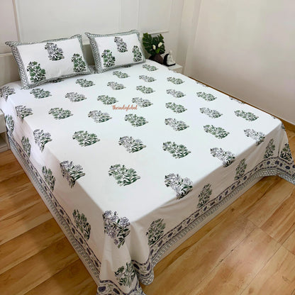 Ramya Hand Block Soft Cotton Bedsheet with 2 Pillow Covers 108*108 inches Vega