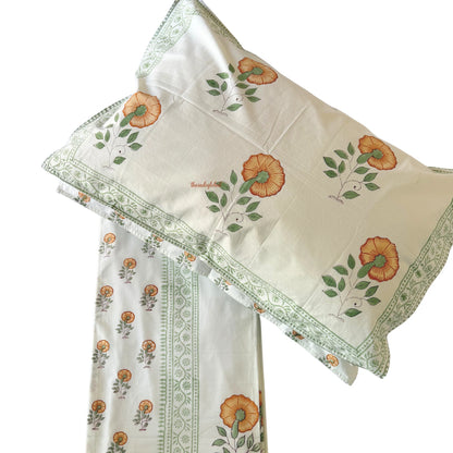 Ramya Hand Block Soft Cotton Bedsheet with 2 Pillow Covers 108*108 inches flower