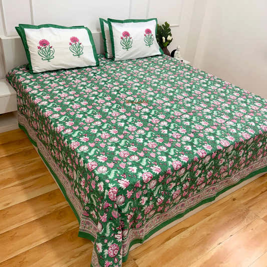 Ramya Hand Block Soft Cotton Bedsheet with 2 Pillow Covers 108*108 inches Green