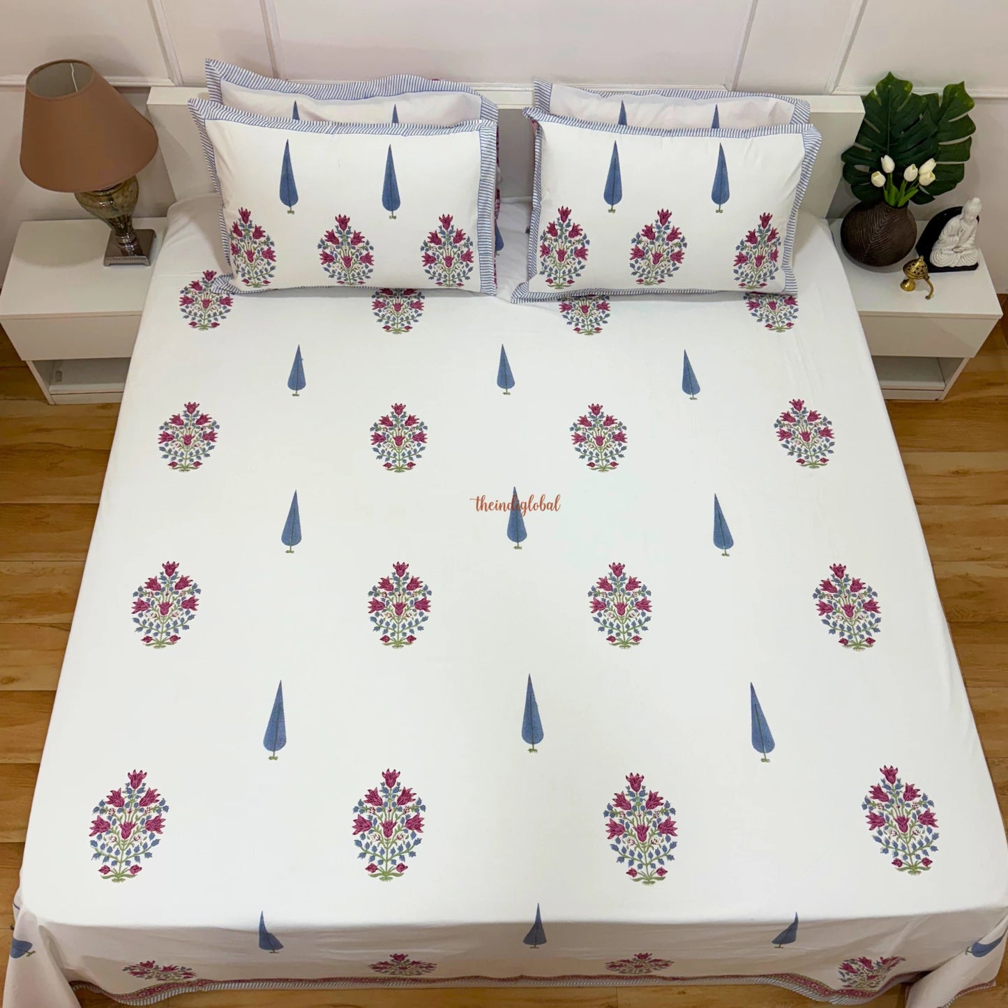Ramya Hand Block Soft Cotton Bedsheet with 2 Pillow Covers 108*108 inches Pink