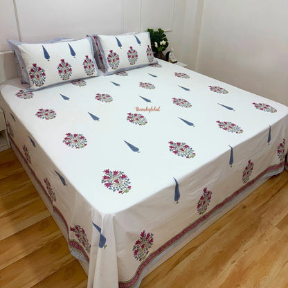 Ramya Hand Block Soft Cotton Bedsheet with 2 Pillow Covers 108*108 inches Pink