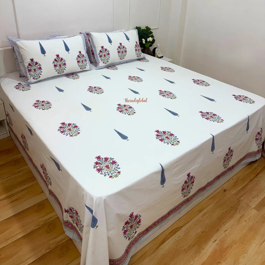 Ramya Hand Block Soft Cotton Bedsheet with 2 Pillow Covers 108*108 inches Pink