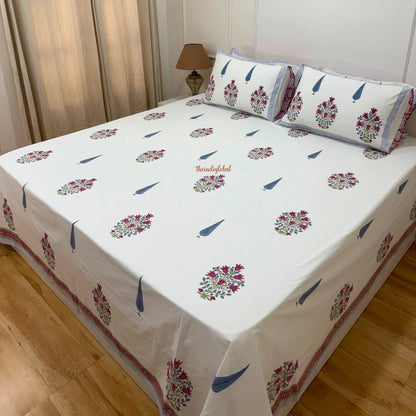 Ramya Hand Block Soft Cotton Bedsheet with 2 Pillow Covers 108*108 inches Pink