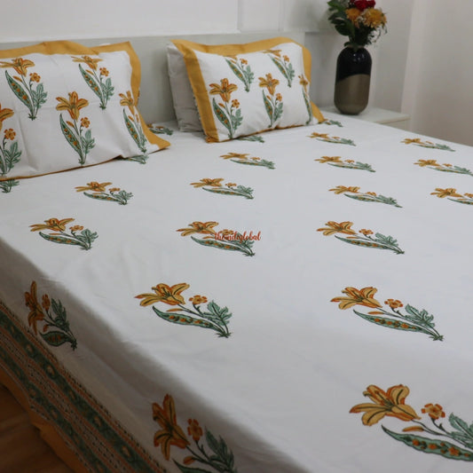 Ramya Hand Block Soft Cotton Bedsheet with 2 Pillow Covers 108*108 inches Yellow