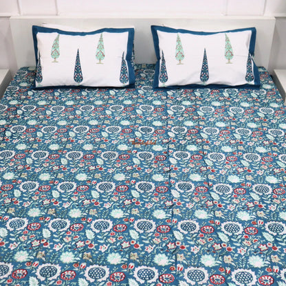 Ramya Hand Block Soft Cotton Bedsheet with 2 Pillow Covers Blue